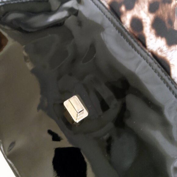 Karen Millen Black Patent Leather Clutch Bag-Leopard Print Interior & Hand Strap - Picture 12 of 14
